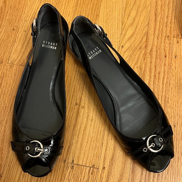 Stuart Weitzman 'Chitchat' Peep Toe Black Patent Leather Ballet Flats ~Size 11~ - Picture 2 of 10